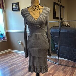 ❤️VINTAGE❤️Moda international size medium gray long sleeve dress w/ deep v neck